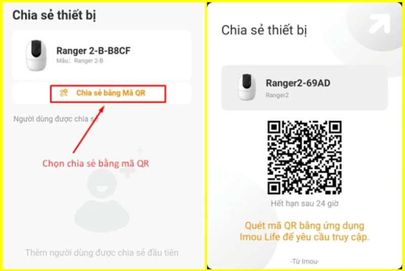 Có thể chọn cách chia sẻ camera Imou bằng mã QR